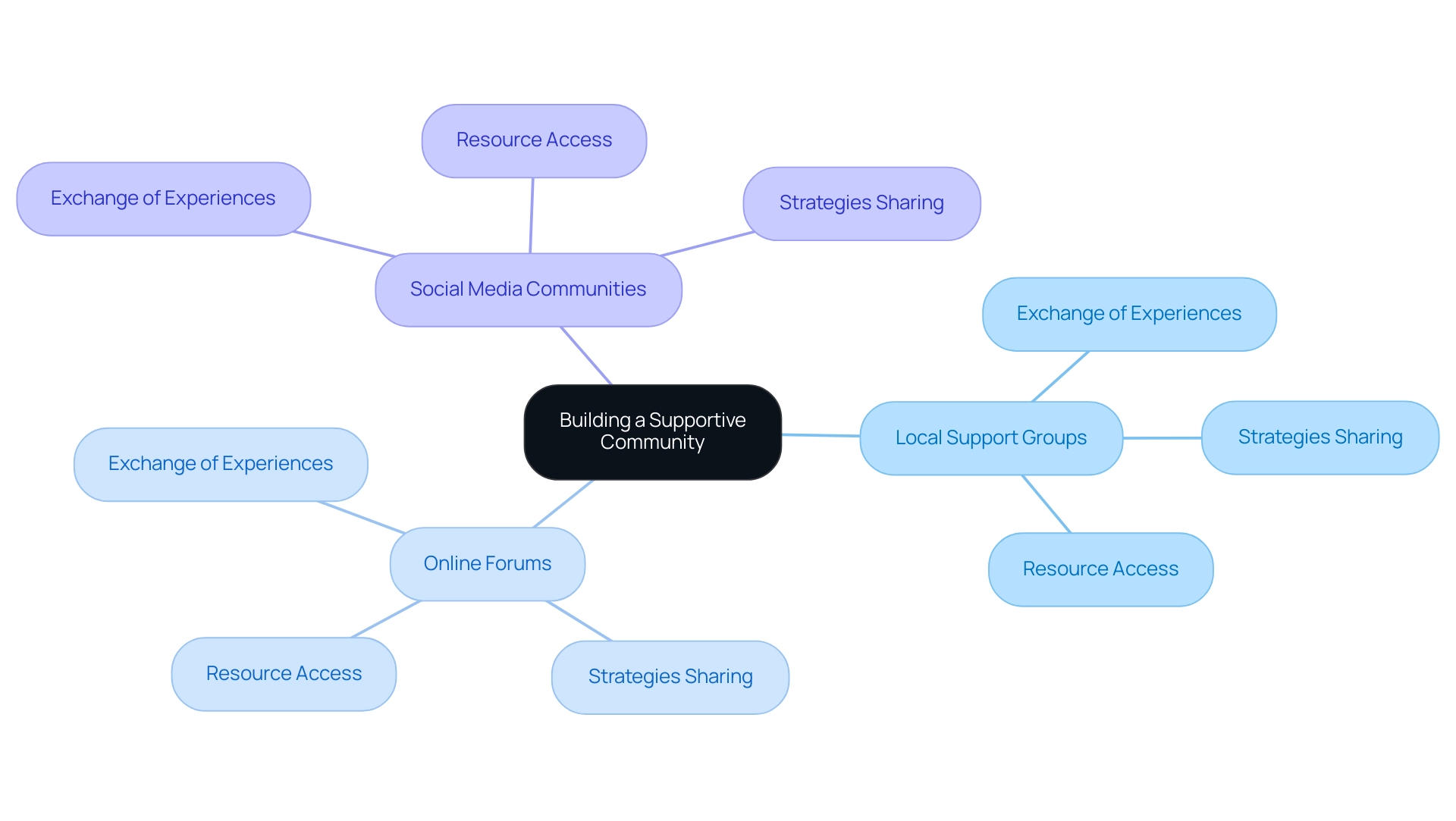 The central node represents the concept of community support, with branches indicating various support types and sub-branches showing specific contributions.