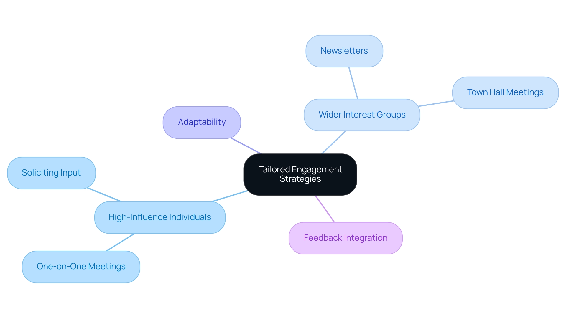 The central node represents the overall theme, with branches illustrating strategies for different groups and key components like adaptability and feedback.