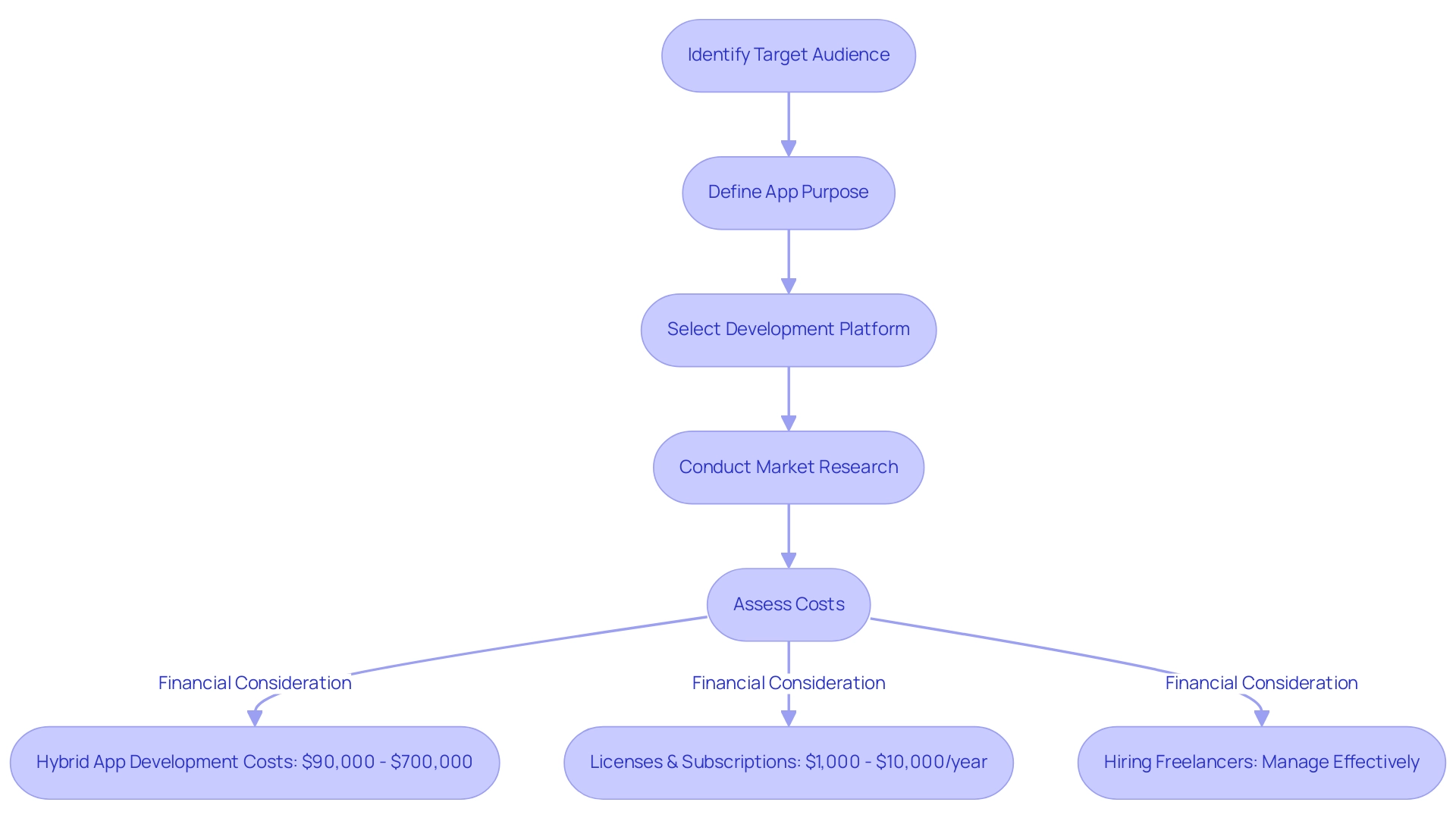 Blue boxes represent key steps in the app development process, while green boxes indicate financial considerations.