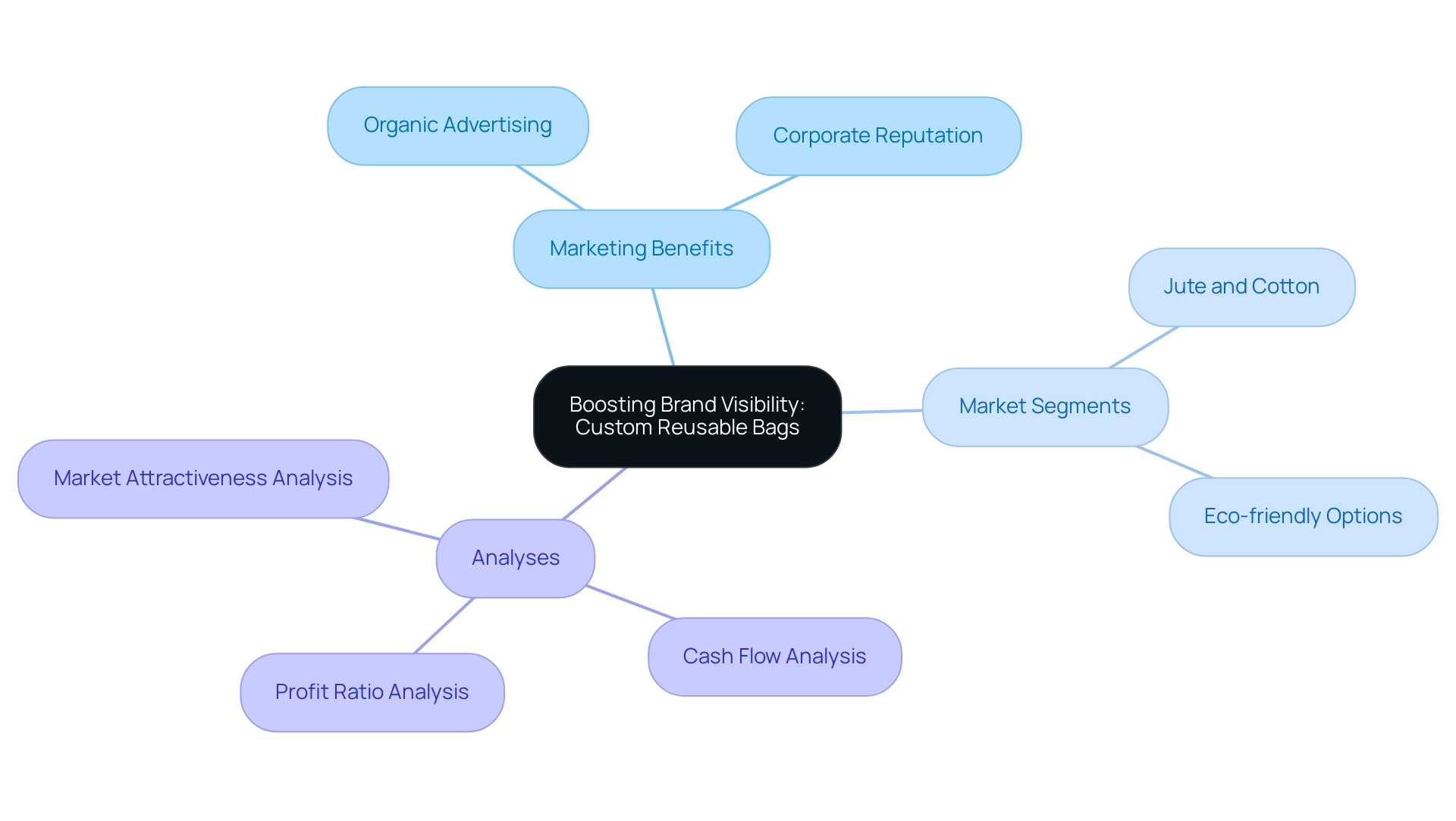 The central node represents the primary theme, with branches indicating marketing benefits, market segments, and analyses related to custom reusable bags.