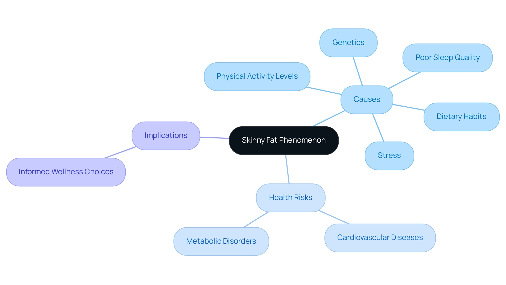 The central node represents the main concept, with branches indicating causes, health risks, and implications of the 'skinny fat' phenomenon.