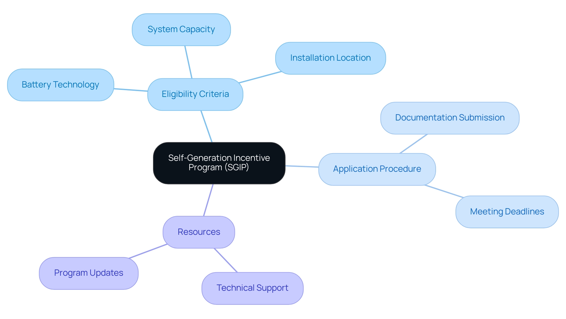 The central node represents the SGIP, with branches detailing eligibility criteria, the application process, and resources for applicants.