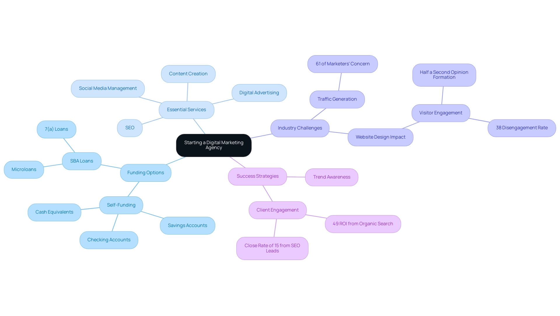 The central node represents the agency concept, with branches showing funding options, services provided, challenges, and strategies.