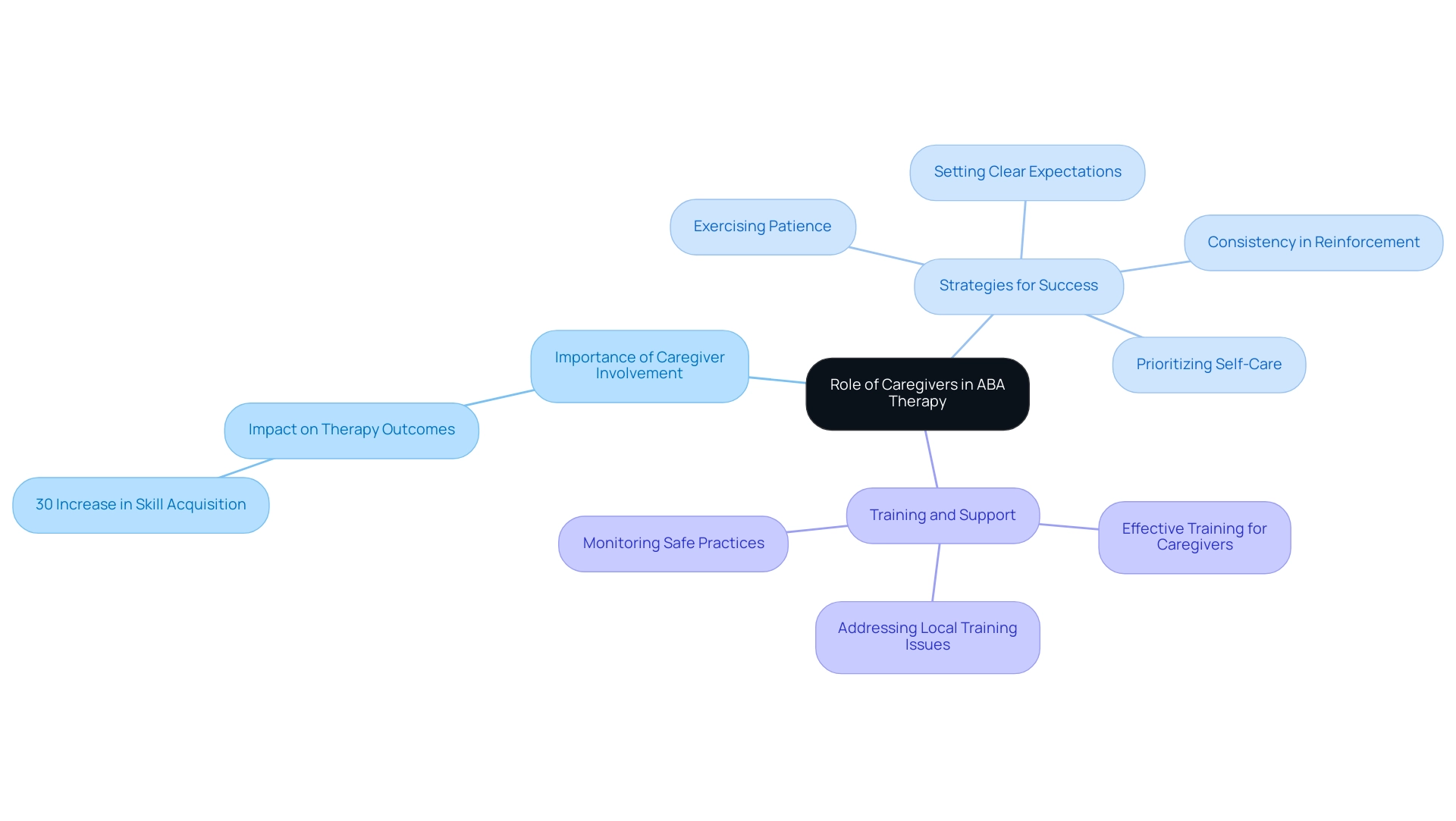 The central node represents the overall role of caregivers, with branches illustrating their importance, strategies for success, and necessary training.