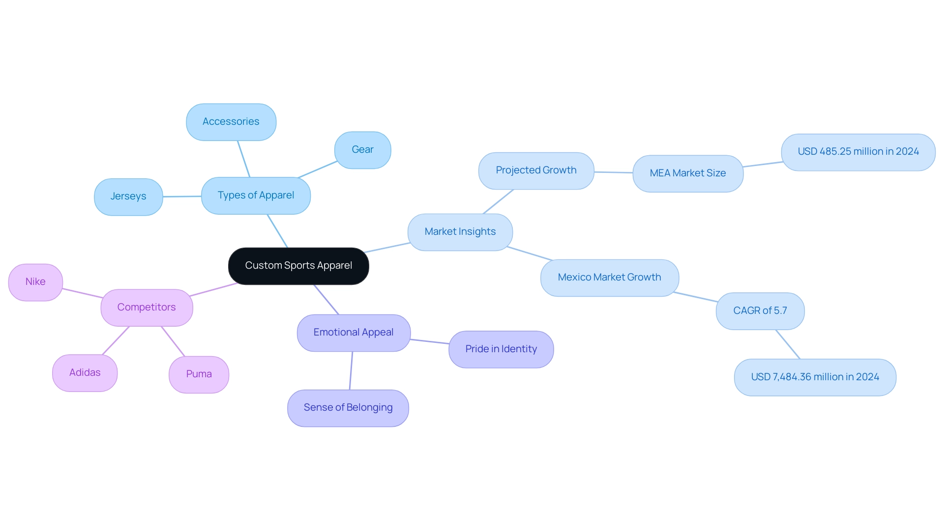 The central node represents custom sports apparel, with branches illustrating types, market insights, emotional connections, and key competitors.