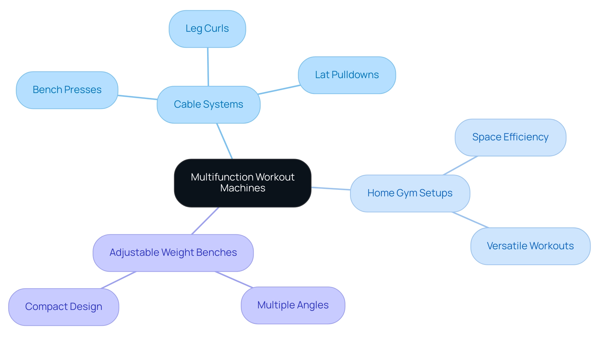 The central node represents multifunction workout machines, with branches showing the types and corresponding exercises or features.