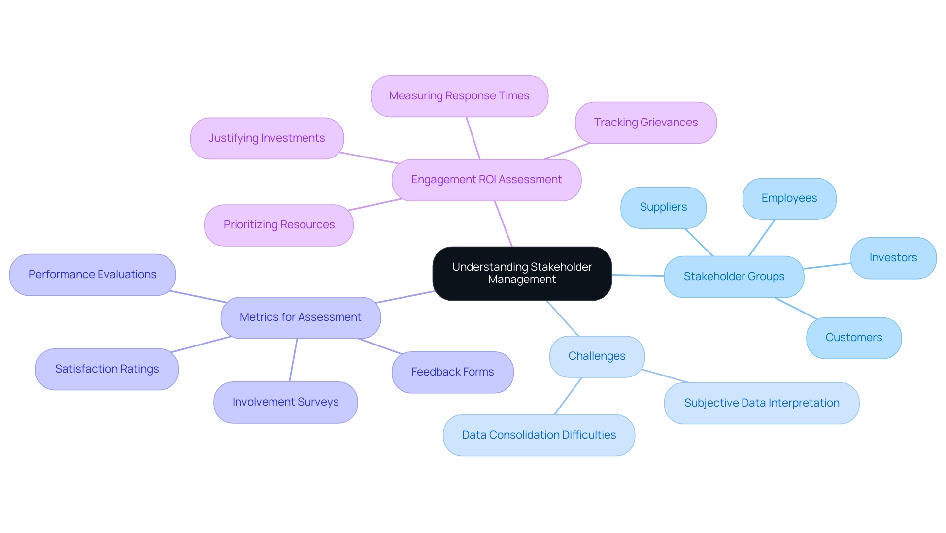 The central node represents stakeholder management, with branches indicating various stakeholder groups, challenges, and metrics for assessment.