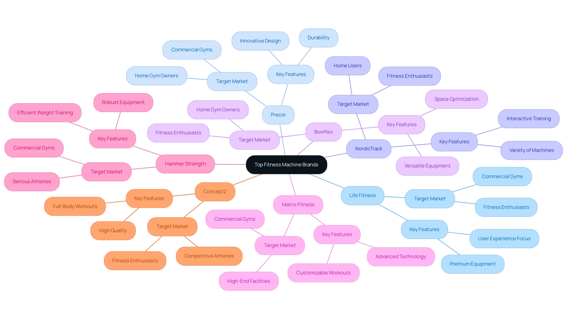 Each branch represents a fitness machine brand, with sub-nodes detailing key features and target markets.