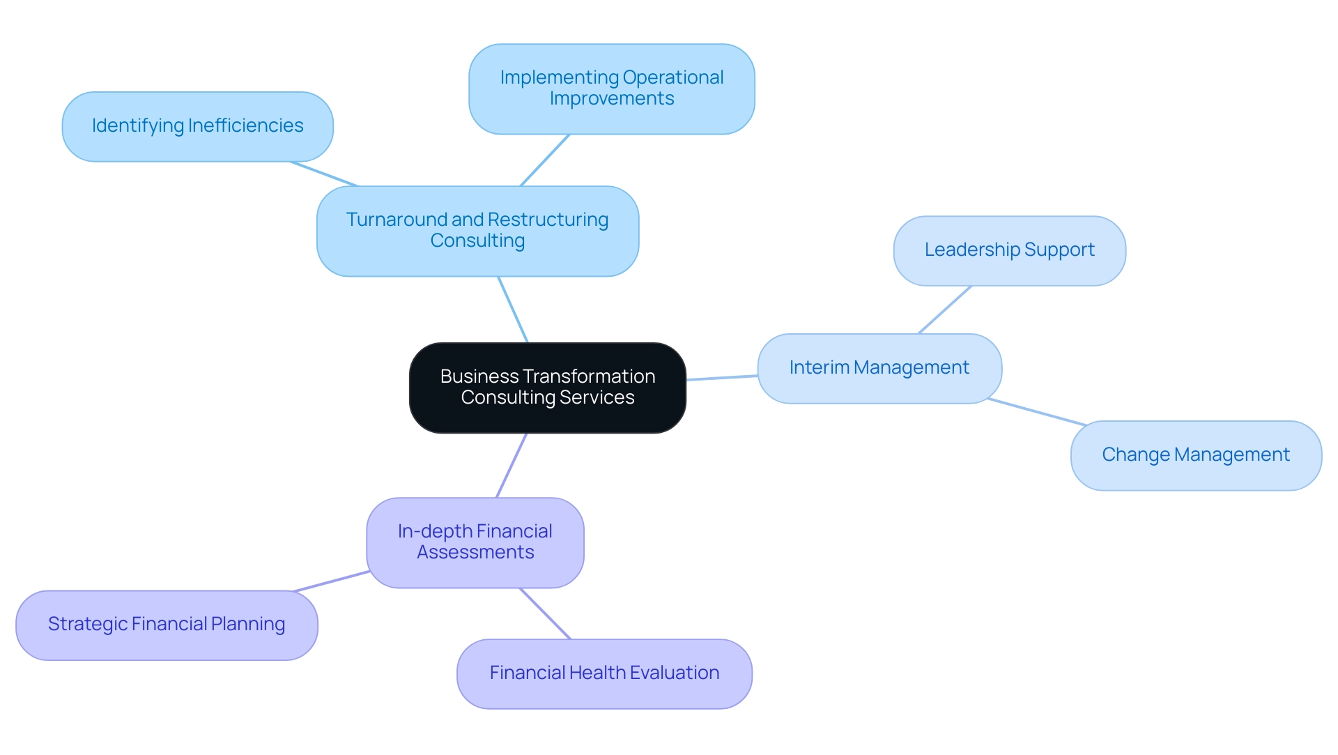 The central node represents the main topic, with branches indicating specific consulting services offered to enhance business transformation.