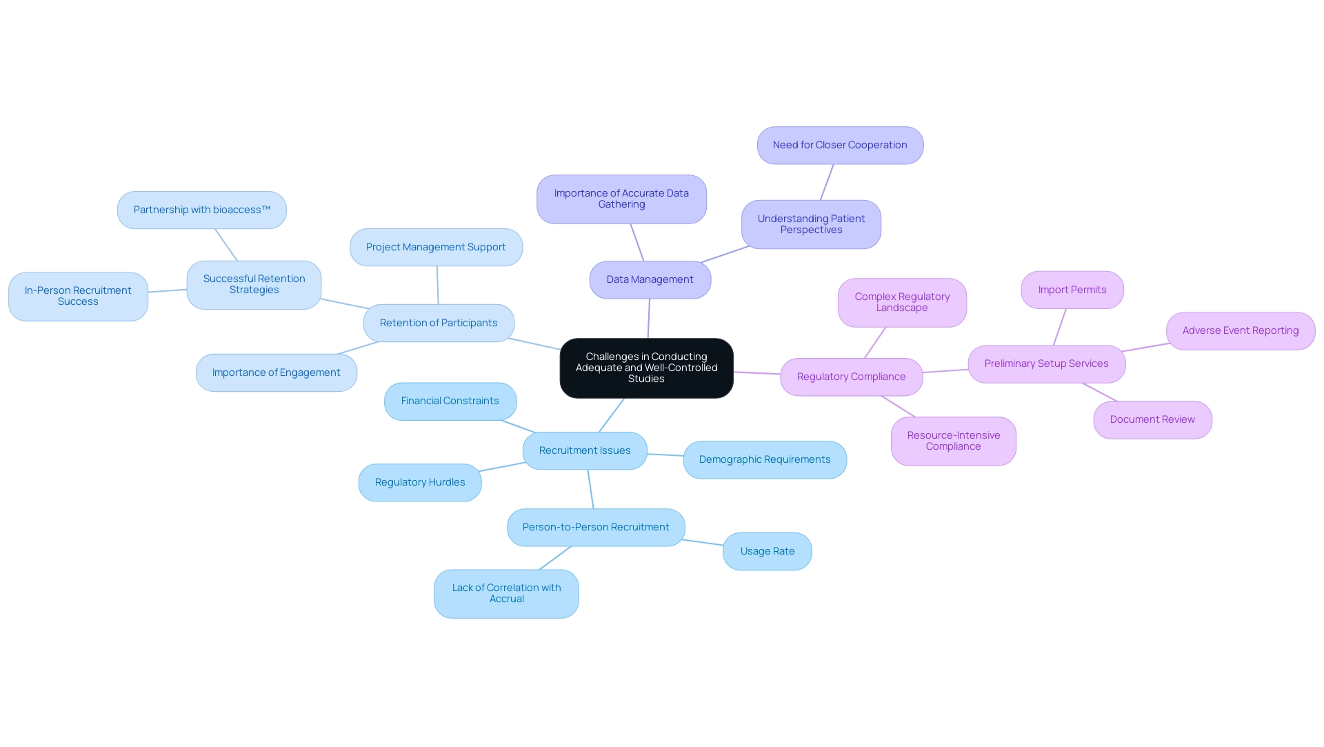 The central node represents the overall topic of challenges, with branches showing the four main areas of concern and their respective details.