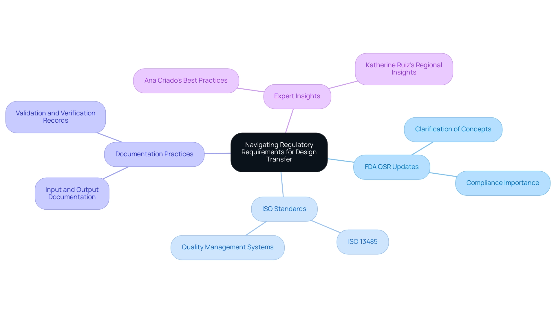 Each branch represents a key theme related to regulatory requirements, with sub-branches detailing specific aspects, color-coded for clarity.