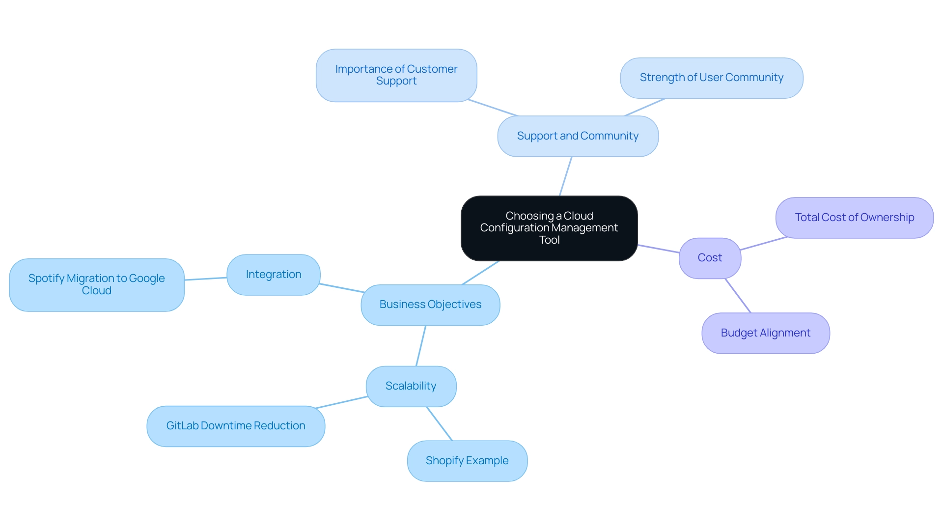 Each branch represents a key consideration (Business Objectives, Support and Community, Cost) with sub-branches providing additional details and examples.