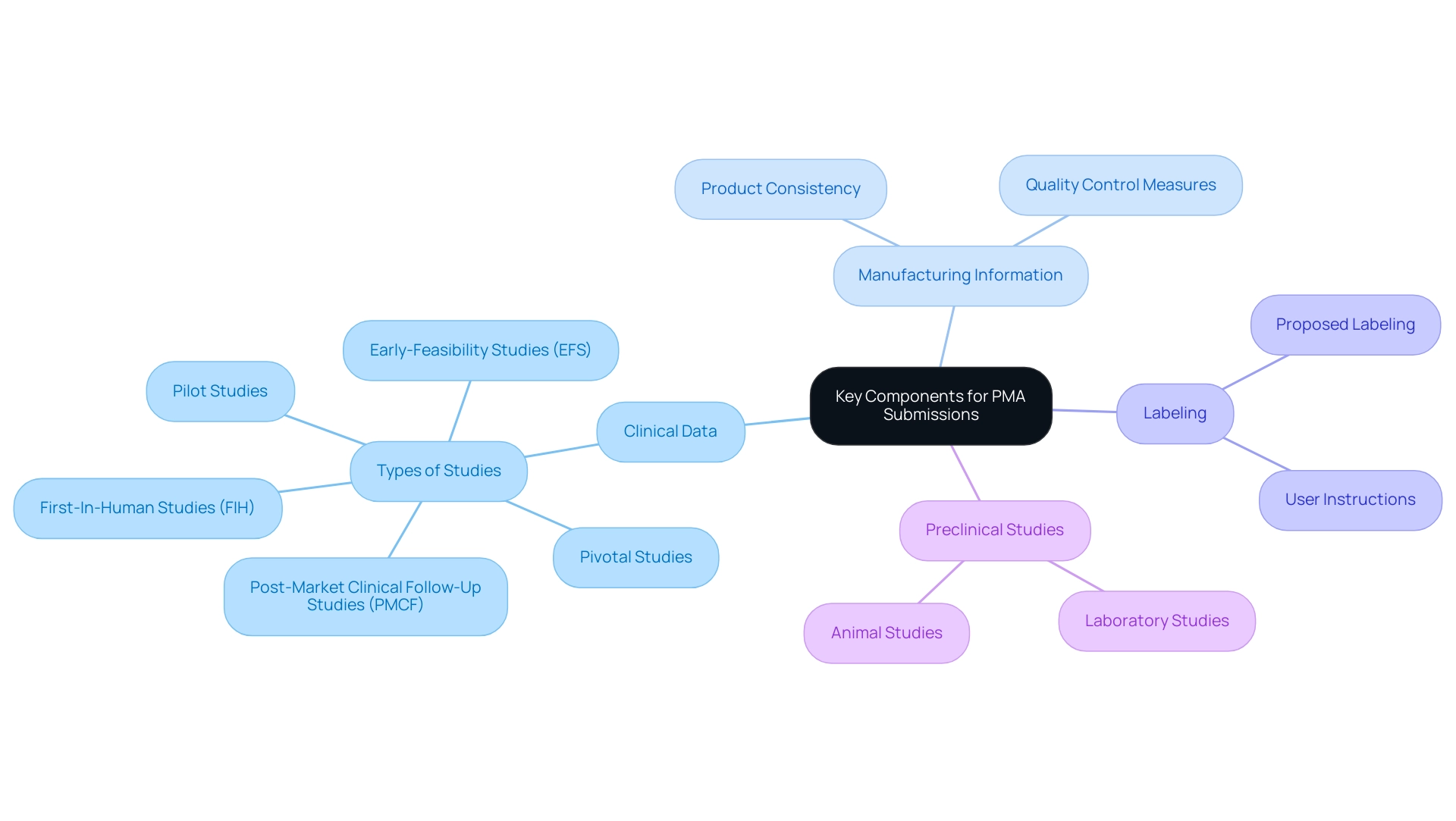 The central node represents the overall PMA requirements, with branches showing the four key components and their respective details.