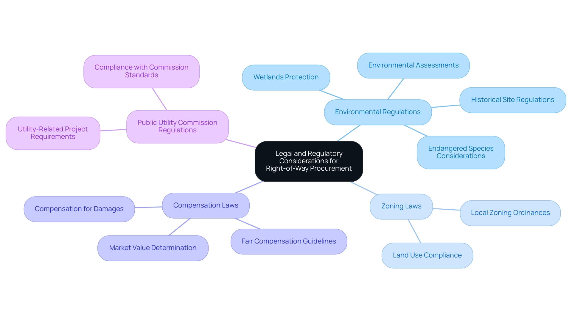 The central node represents the overarching theme, with branches showing the specific legal and regulatory considerations.