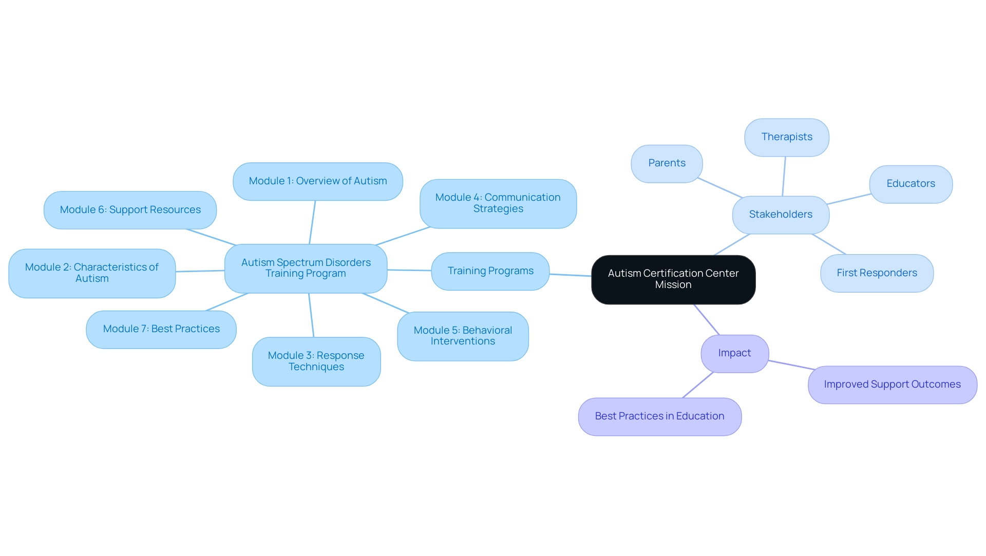 Central node represents the mission; branches indicate training programs, stakeholders, and impact areas, with colors differentiating each category.