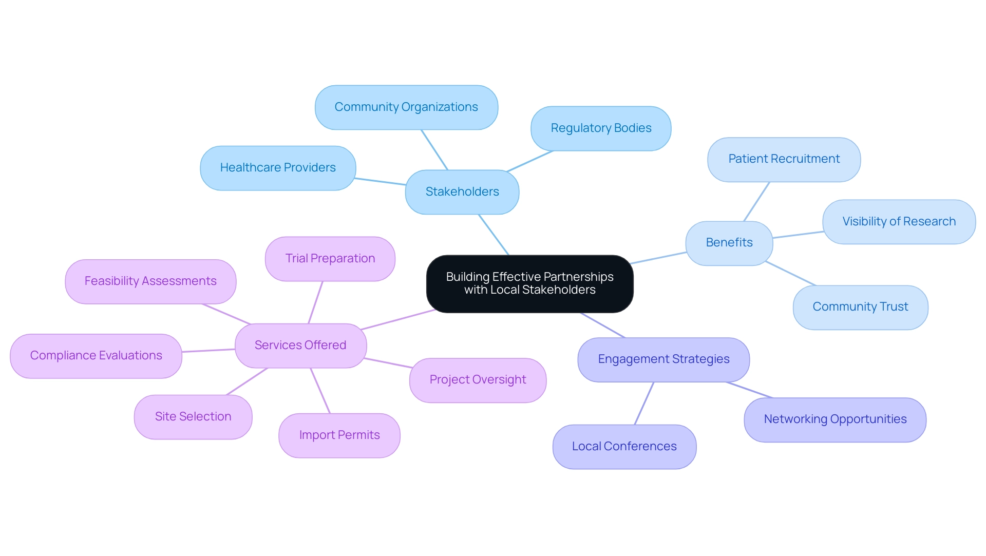 The central node represents the core concept, with branches for stakeholders, benefits, engagement strategies, and services, each differentiated by color.