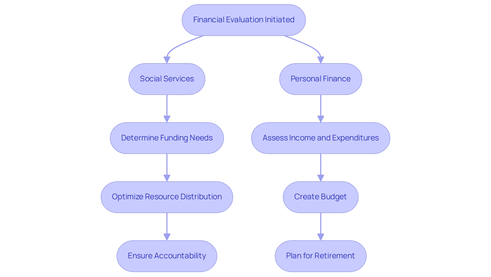 Each box represents a step in the financial evaluation process. The colors distinguish between social services and personal finance evaluations.