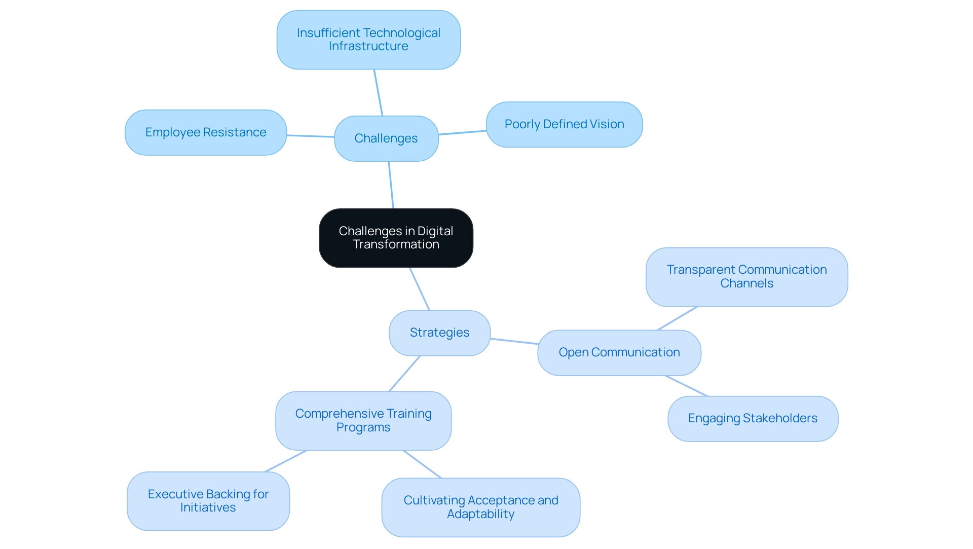 The central node represents the overarching theme, with branches indicating specific challenges and strategies for digital transformation.