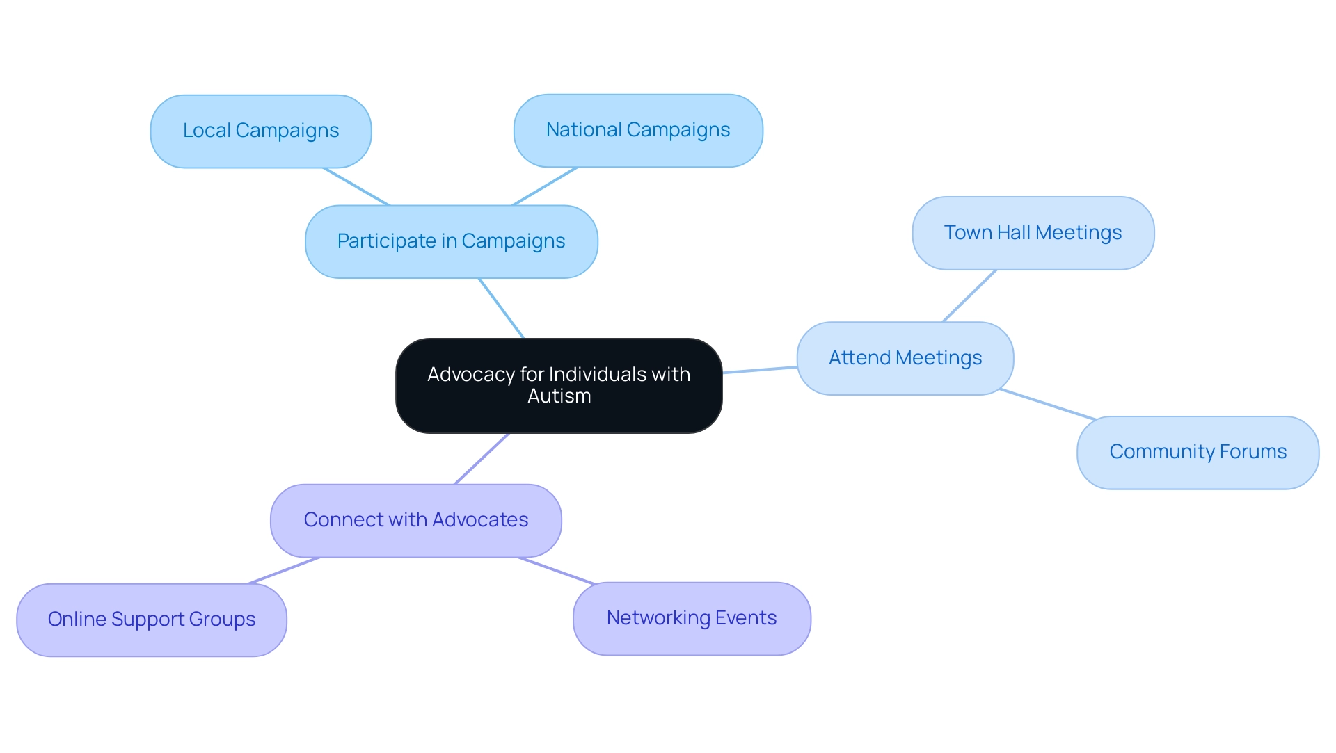 The central node represents advocacy, with branches denoting various engagement methods and sub-branches elaborating specific actions.