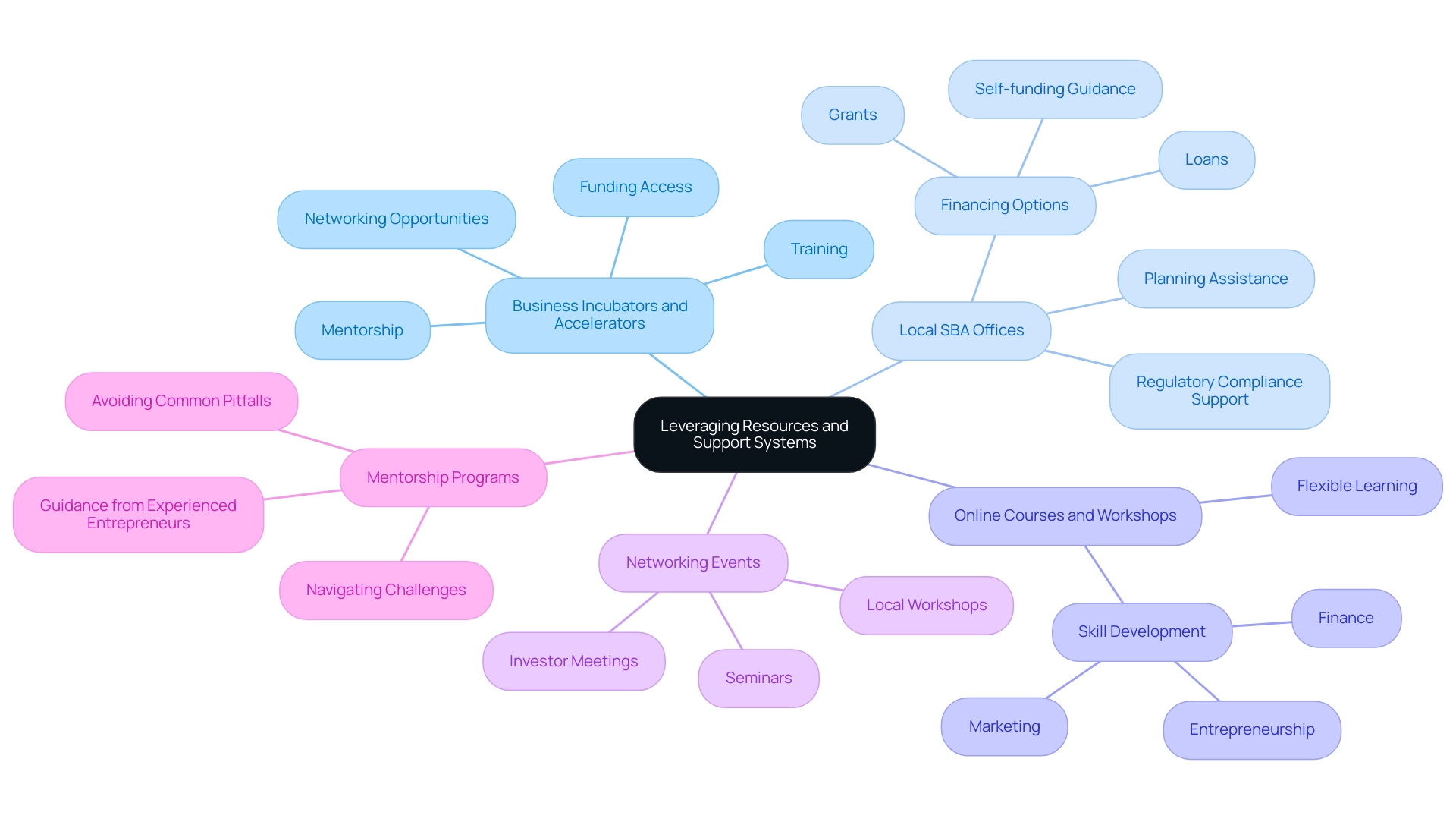 Each branch represents a pathway to support for entrepreneurs, with sub-branches detailing specific benefits and components of each resource.