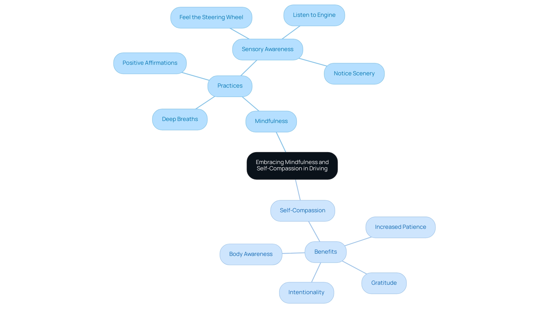 Central node represents the overall theme, with branches showing key concepts and their respective practices or benefits.