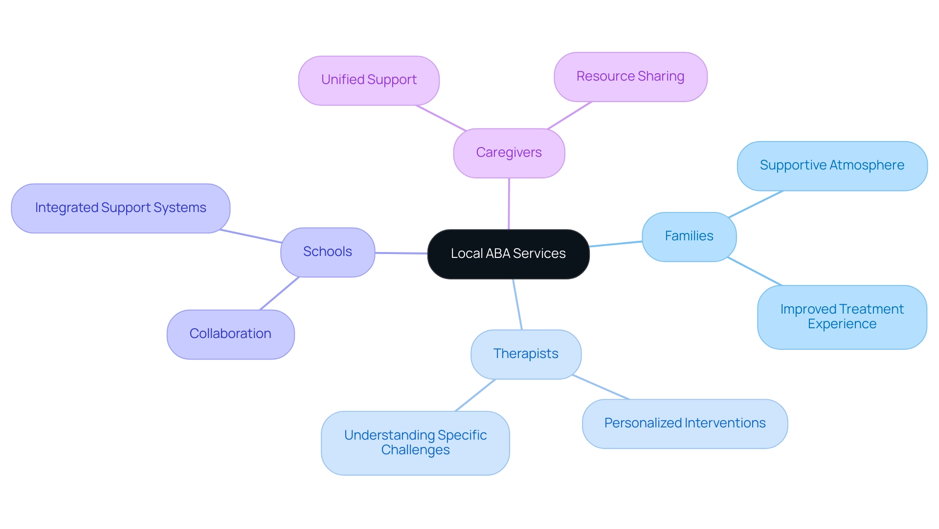 The central node represents local ABA services, with branches showing the key stakeholder groups and their specific contributions to autism support.