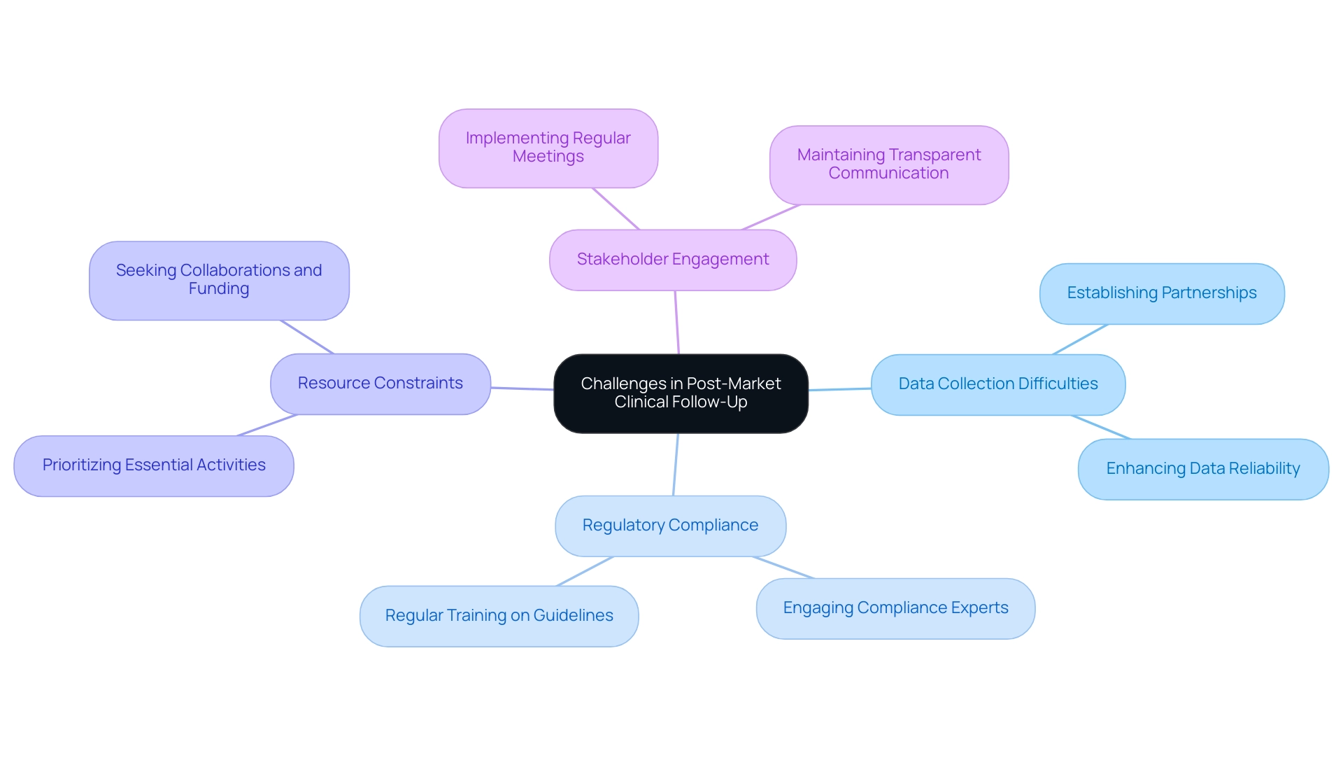 The central node represents the main topic, with branches indicating specific challenges, and sub-branches showing related strategies or services.