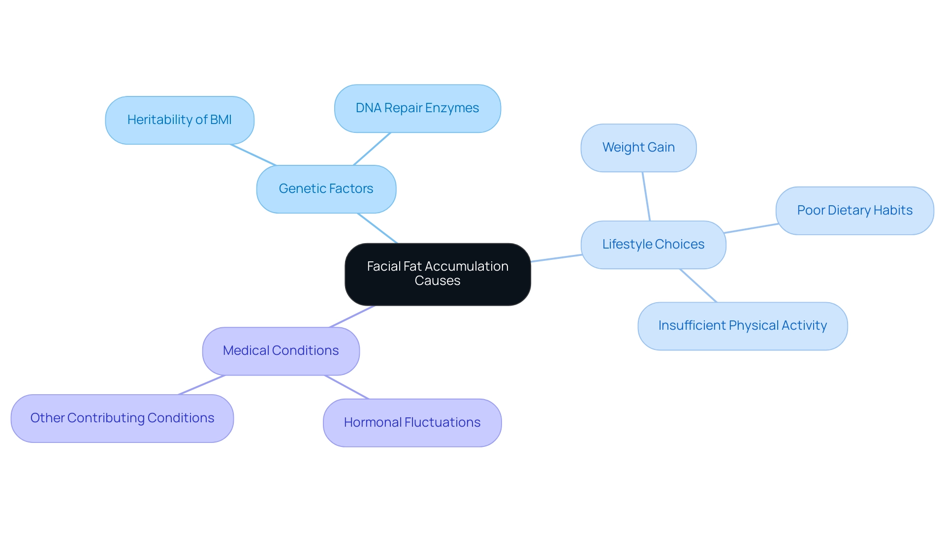 The central node represents the overall concept, with branches showing genetic factors, lifestyle choices, and medical conditions contributing to facial fat.