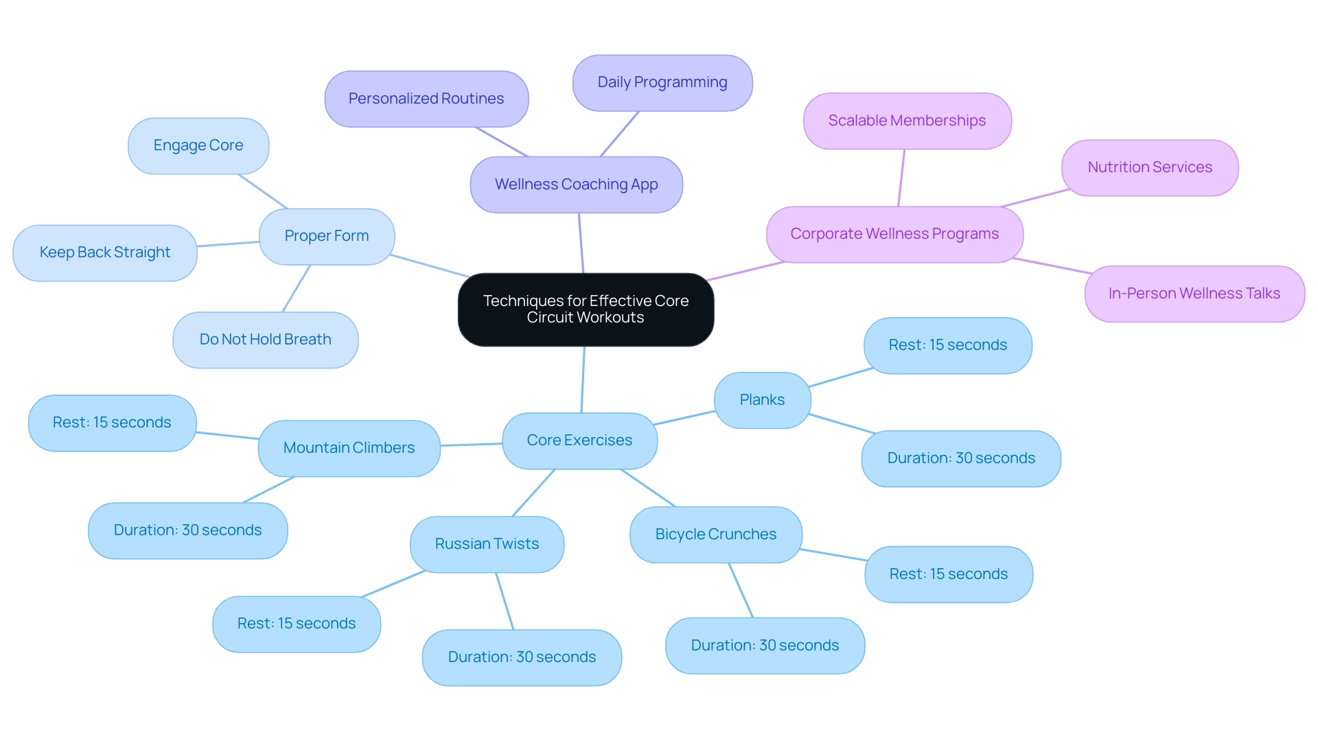 Each branch represents a component of the overall wellness strategy, with colors differentiating core exercises, proper form reminders, app features, and corporate programs.