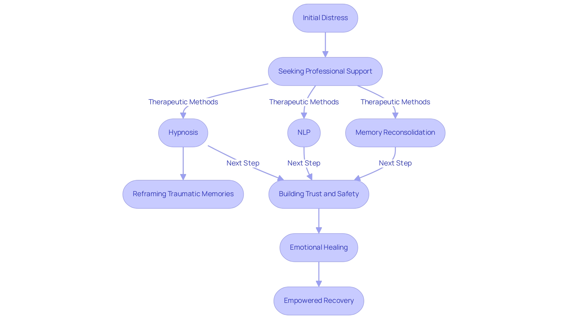 Each box represents a step or method in the trauma recovery process, with arrows indicating the flow from one stage to the next. Colors differentiate stages, therapeutic methods, and outcomes.