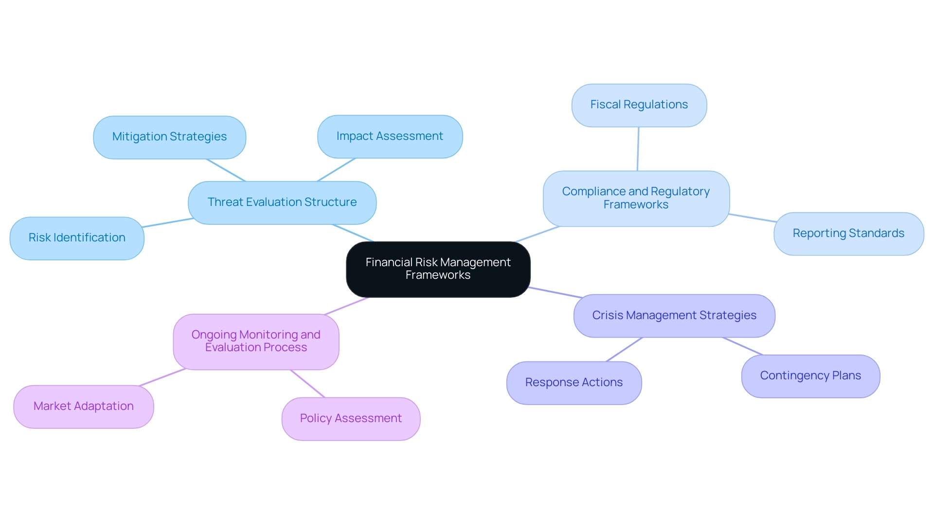 The central node represents financial risk management, with branches showing different frameworks and their related elements.