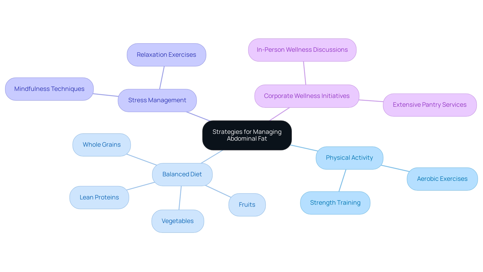 The central node represents the overall strategies, with branches indicating key areas of focus and sub-branches detailing specific actions or components.