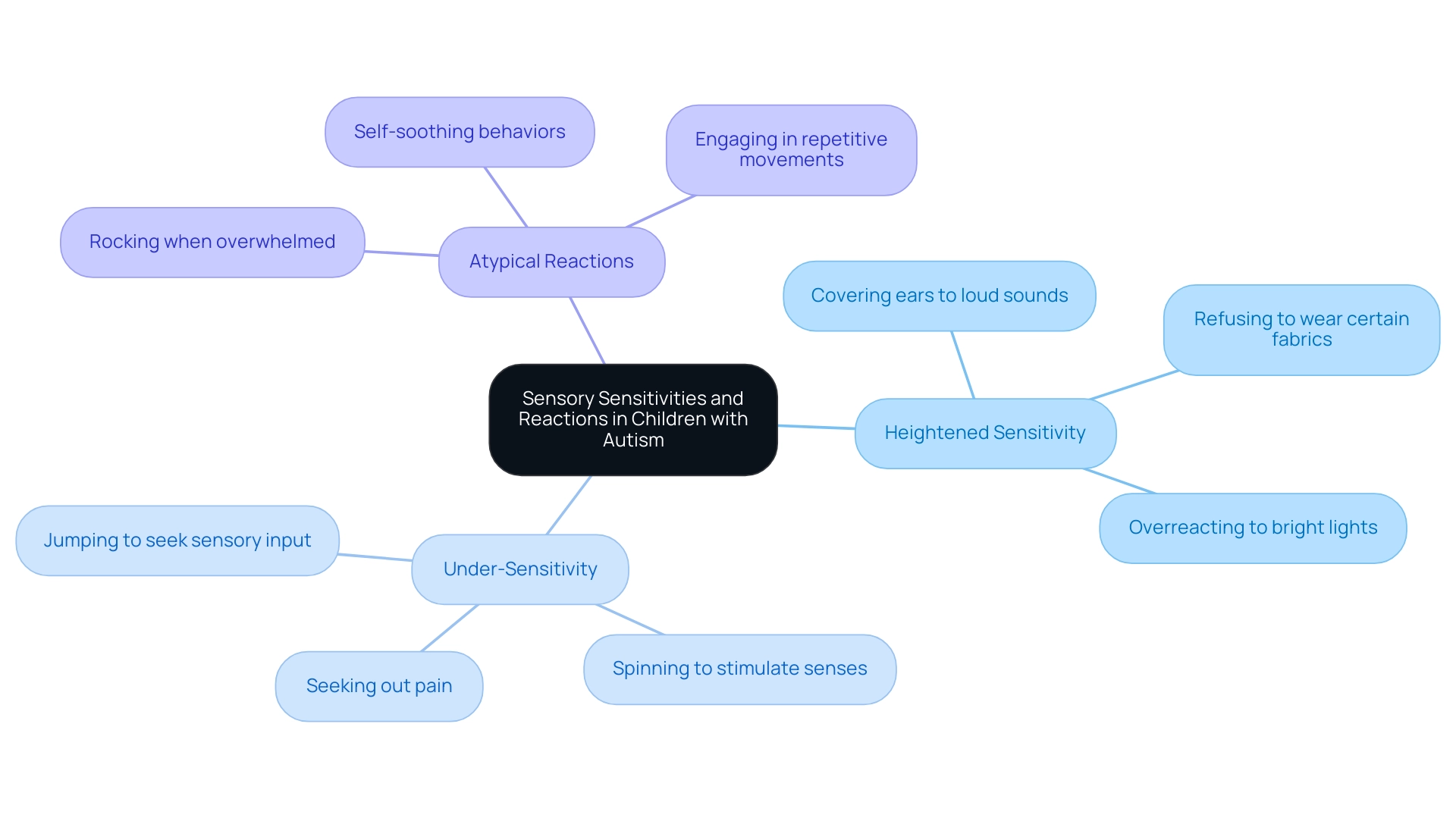 The central node represents the overall topic, with branches detailing categories of sensory sensitivities and their specific examples.