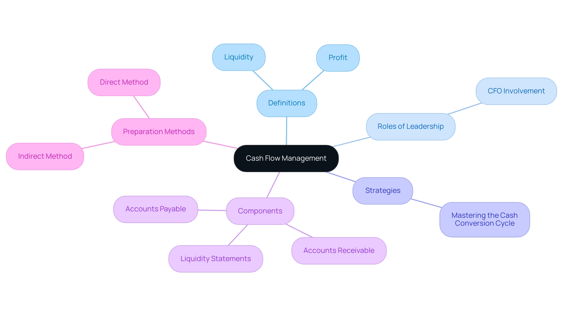 The central node represents the overall concept, with branches showing definitions, roles, strategies, components, and preparation methods relevant to cash flow management.