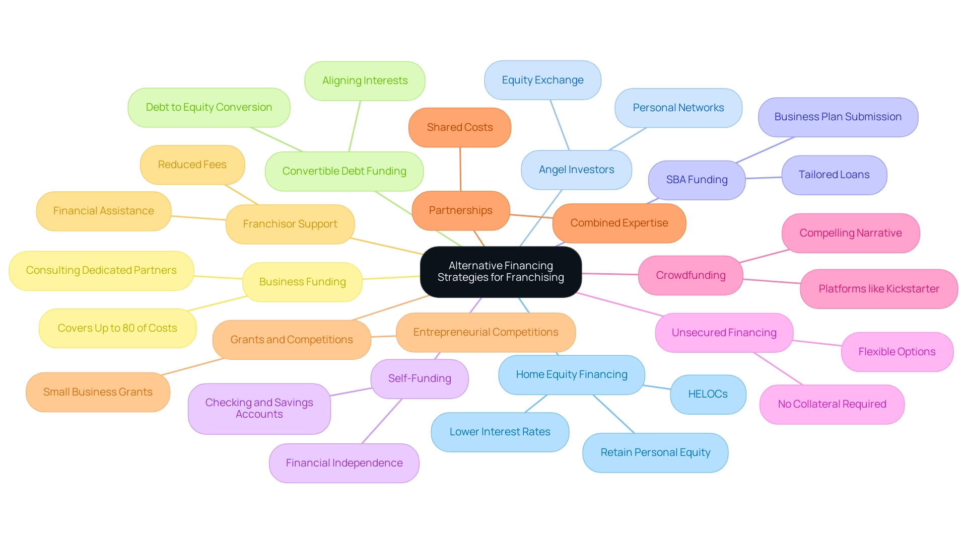 Each branch represents a category of financing options, with sub-branches providing additional details. Different colors indicate distinct categories.