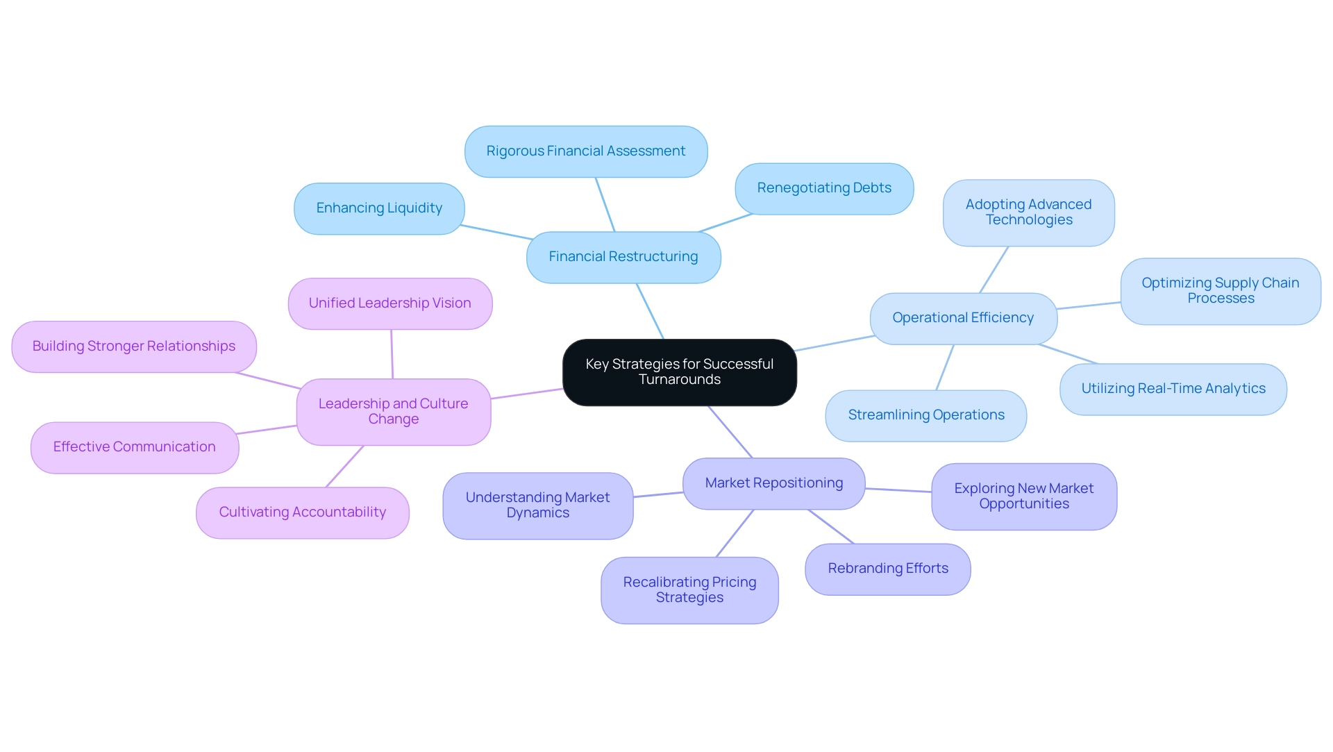 The central node represents the overall strategies, with branches showing the four key strategies and their respective detailed components.