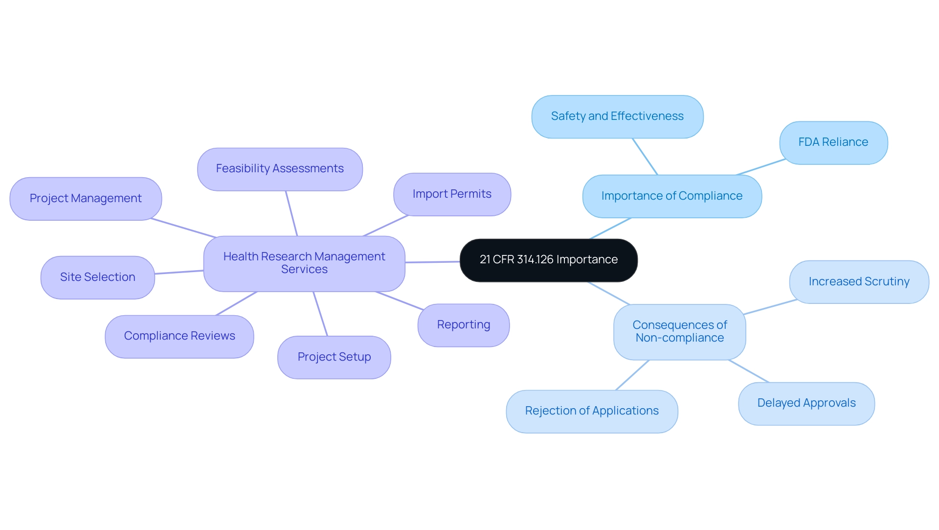 The central node represents the regulation, with branches illustrating its importance, consequences of non-compliance, and management services. Colors differentiate the categories for clarity.