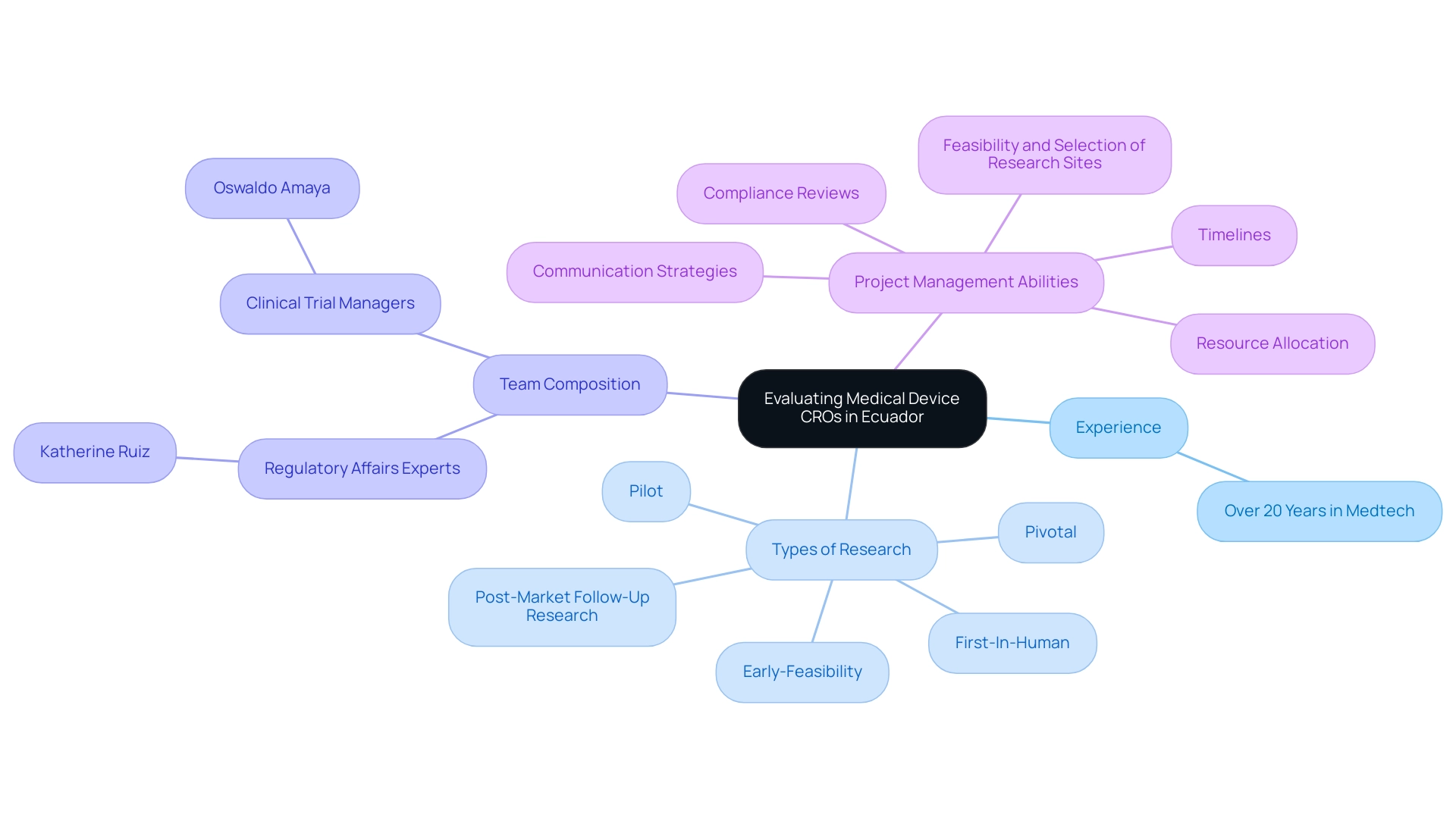 The central node represents the overall evaluation criteria, with branches detailing experience, types of research, team qualifications, and project management abilities.