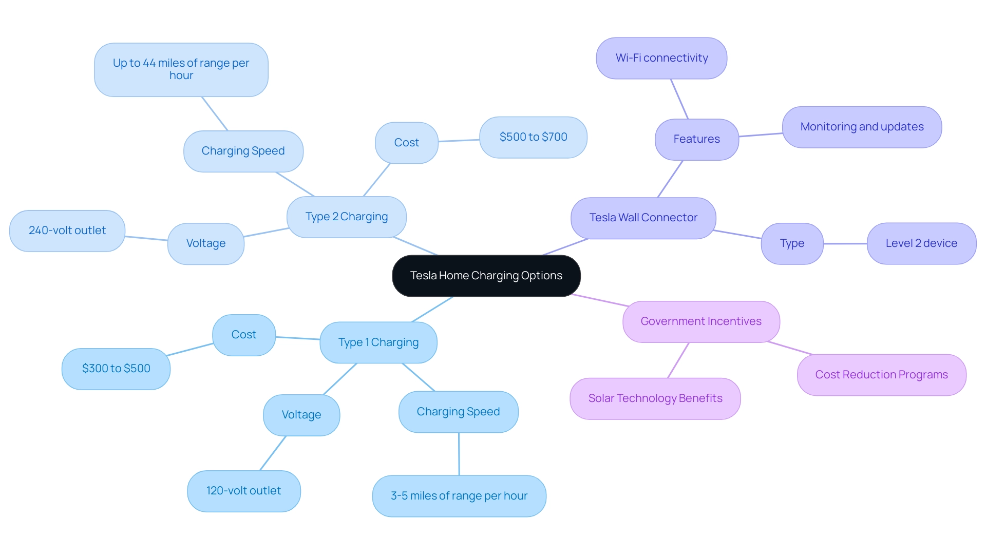 The central node represents Tesla home charging options, with branches categorizing Type 1, Type 2, and Tesla Wall Connector, along with government incentives.