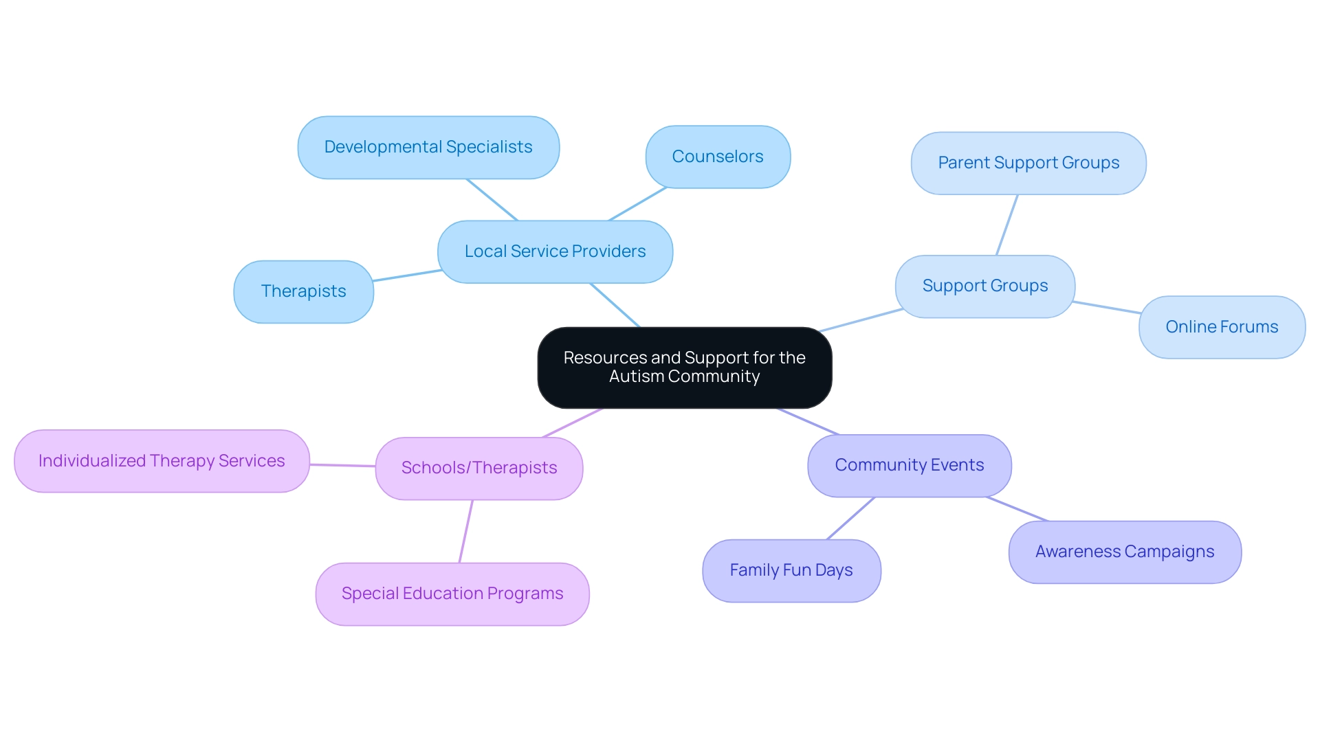 The central node represents the overall theme, with branches showing various types of resources available for families in the autism community.