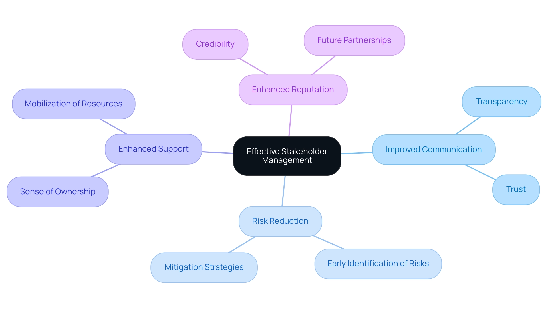 Each branch represents a key factor contributing to effective stakeholder management, with sub-branches detailing specific elements related to each factor.