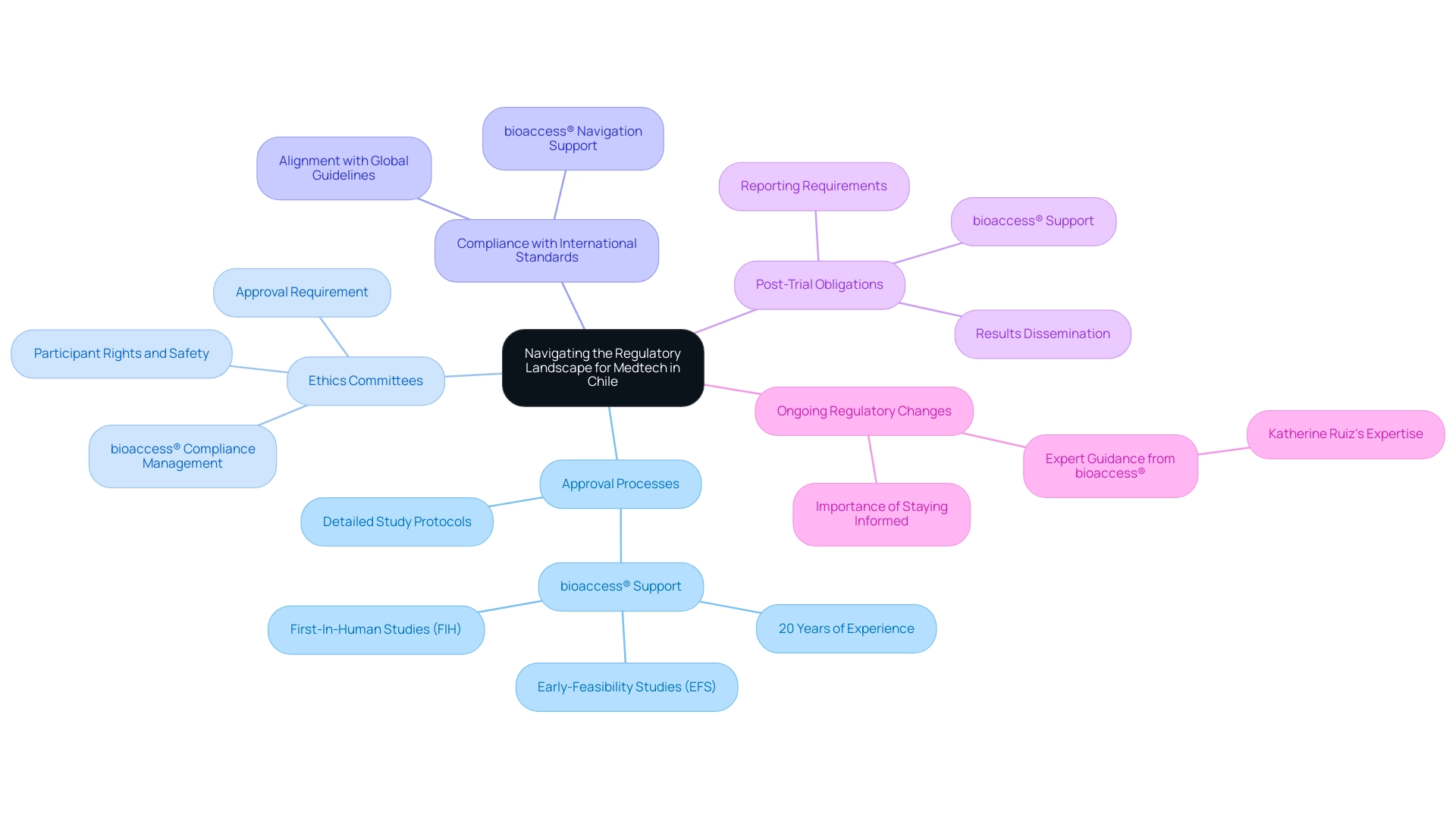 The central node represents the overall regulatory landscape, with branches showing the five key elements of the regulatory process.