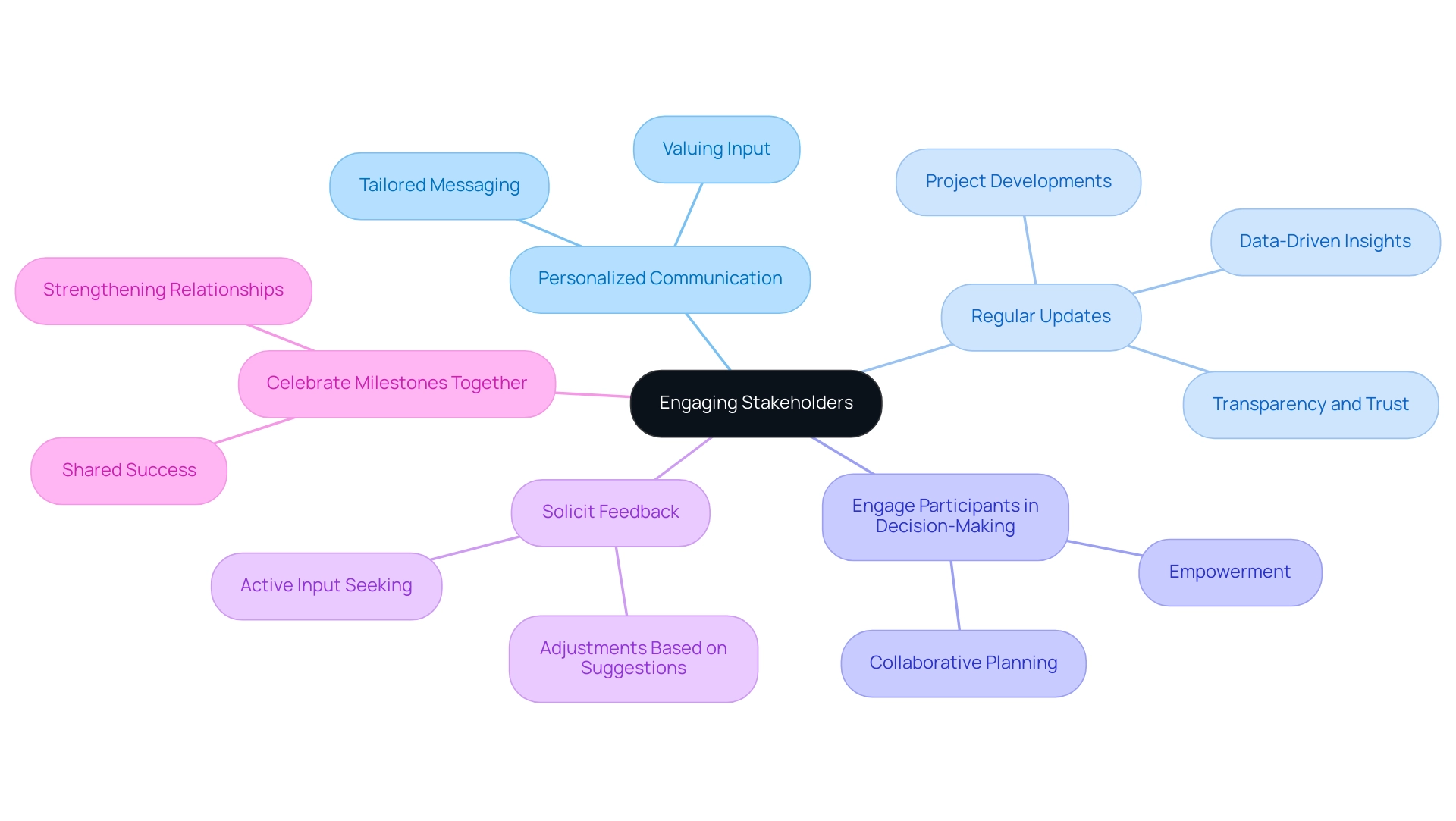 The central node represents stakeholder engagement, with branches showing specific strategies for building relationships.