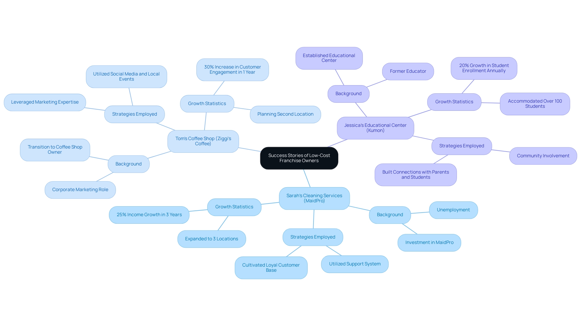 Each branch represents a franchisee's story, with sub-branches detailing their strategies and growth outcomes. Colors differentiate each franchisee's section.