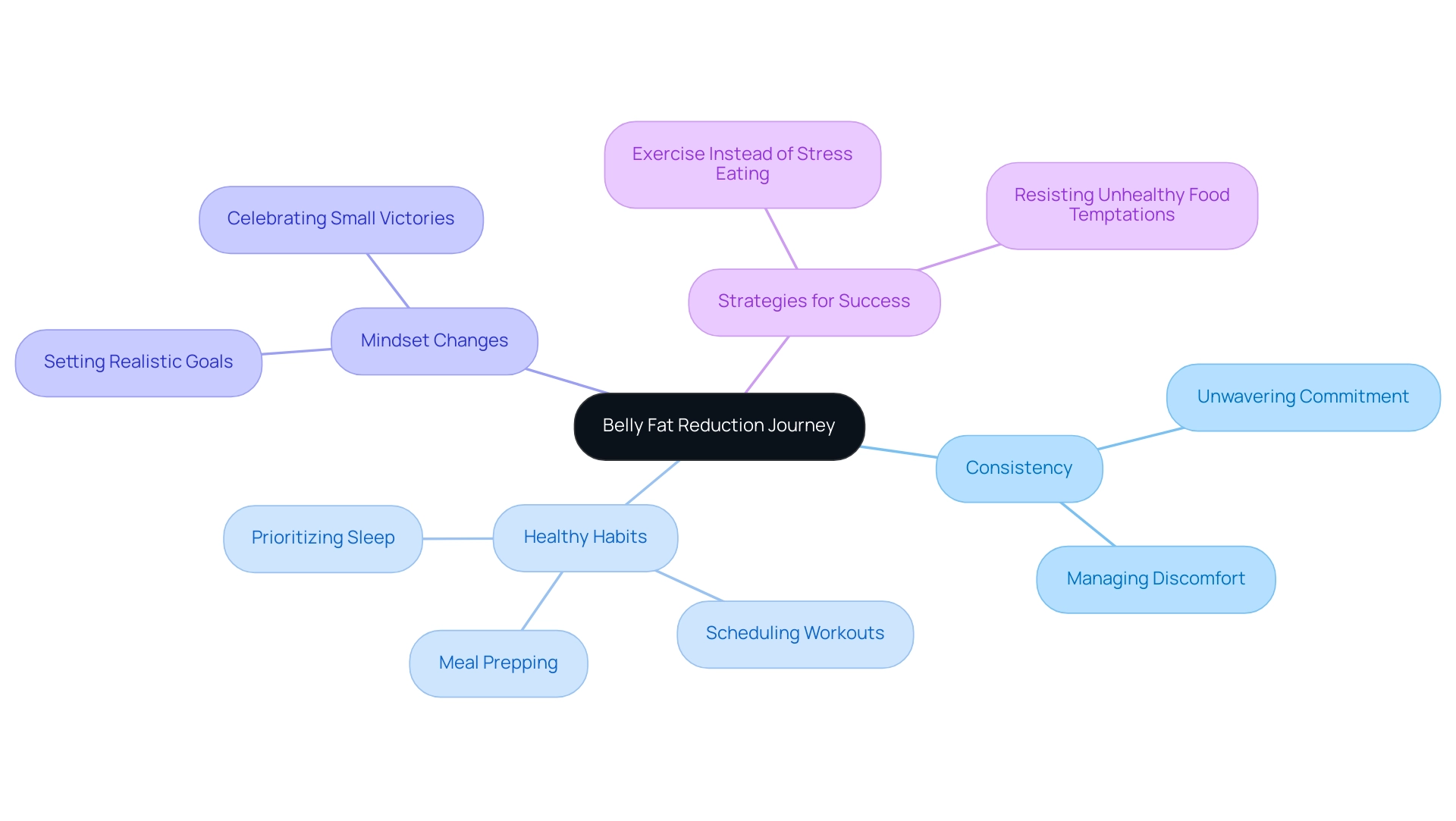 The central node represents the overall journey, with branches indicating key areas such as Consistency, Healthy Habits, Mindset Changes, and Strategies for Success.