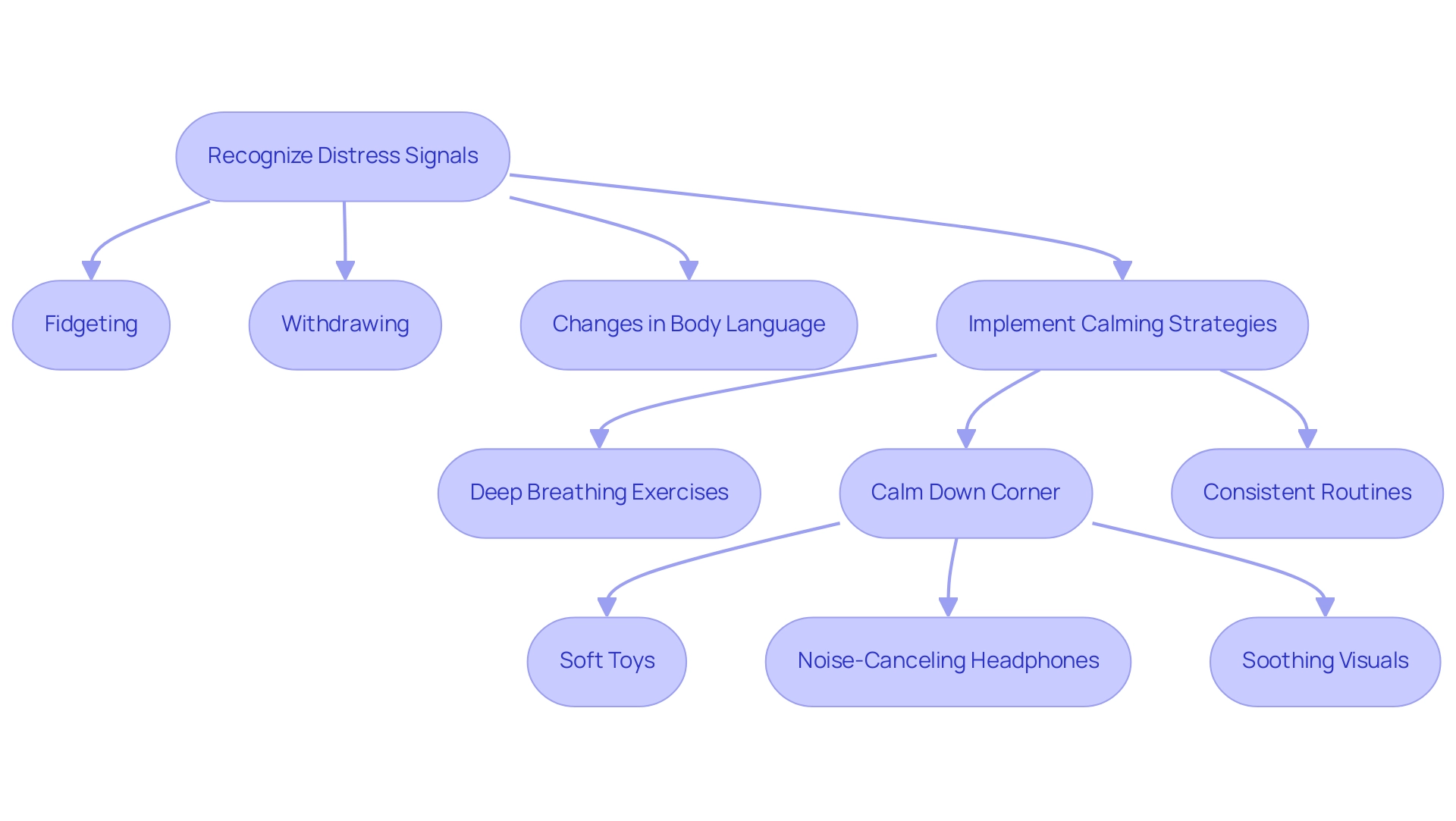 Boxes indicate steps or strategies; arrows show the flow of actions from recognizing distress to implementing calming techniques.