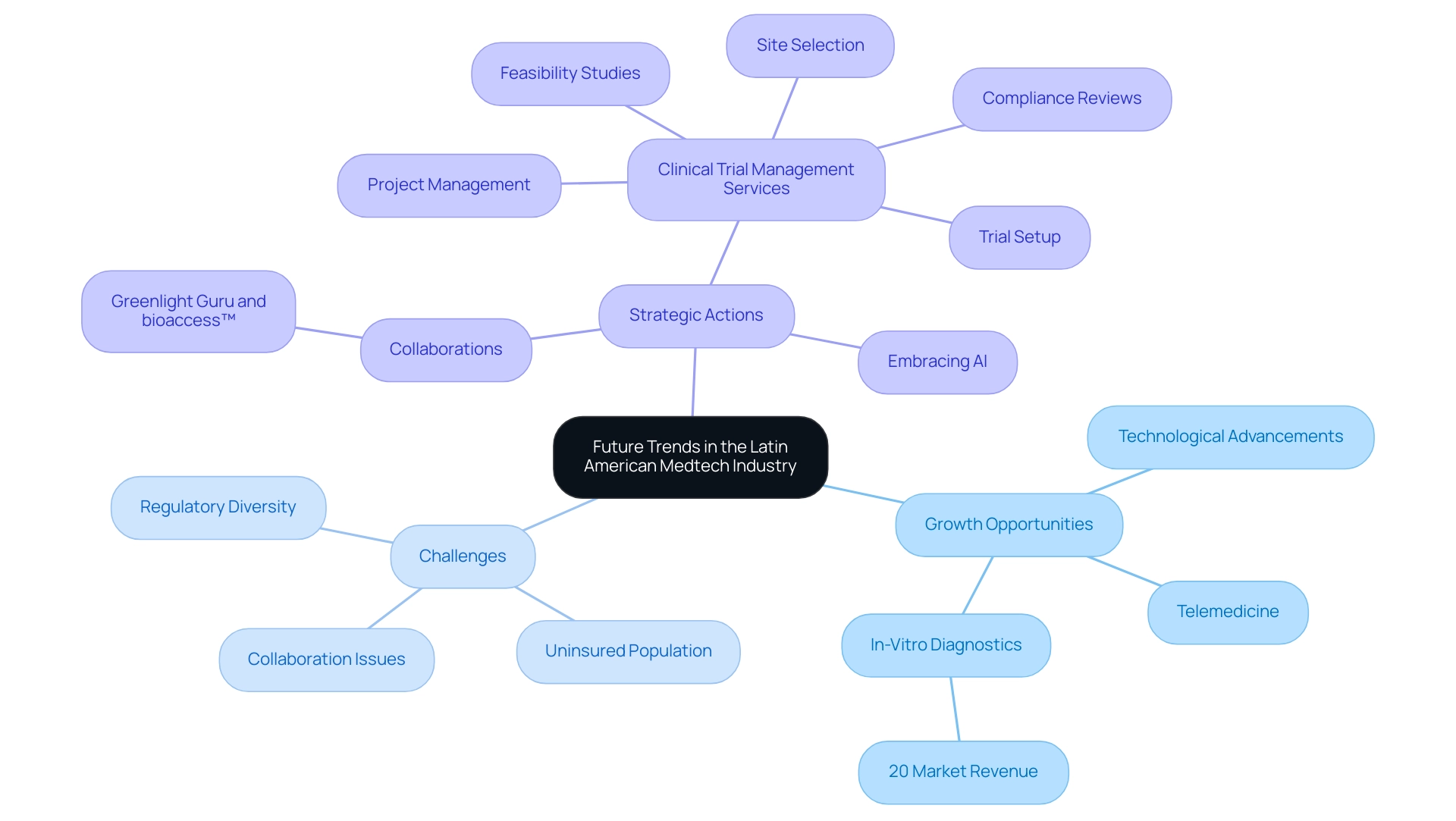 Colors indicate the main categories: Growth Opportunities (green), Challenges (red), and Strategic Actions (blue). Each sub-branch represents specific elements within these categories.