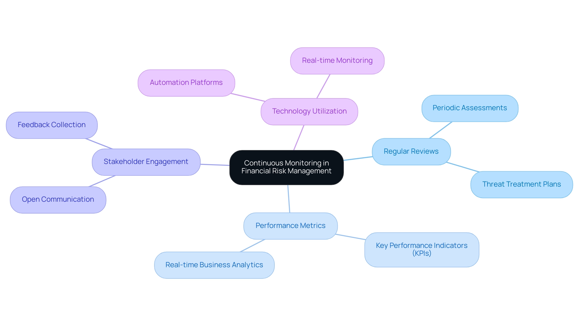 The central node represents the concept of continuous monitoring, with branches illustrating key practices that support effective financial risk management.