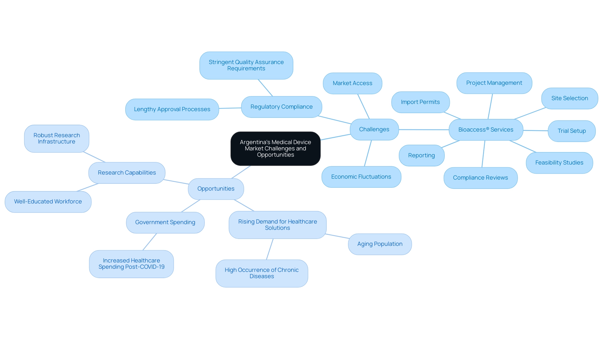 The central node represents the overall market context, with branches for challenges and opportunities, further detailing specific aspects and services.