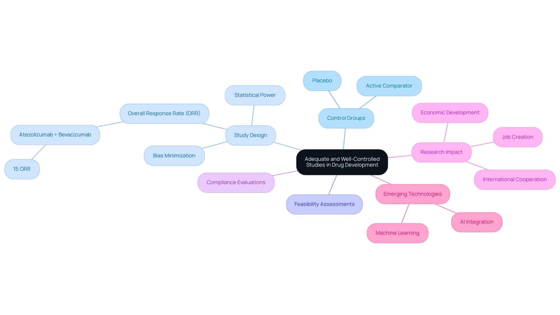 The central node represents the central concept of drug development studies, with branches showing key categories and their respective subcategories.